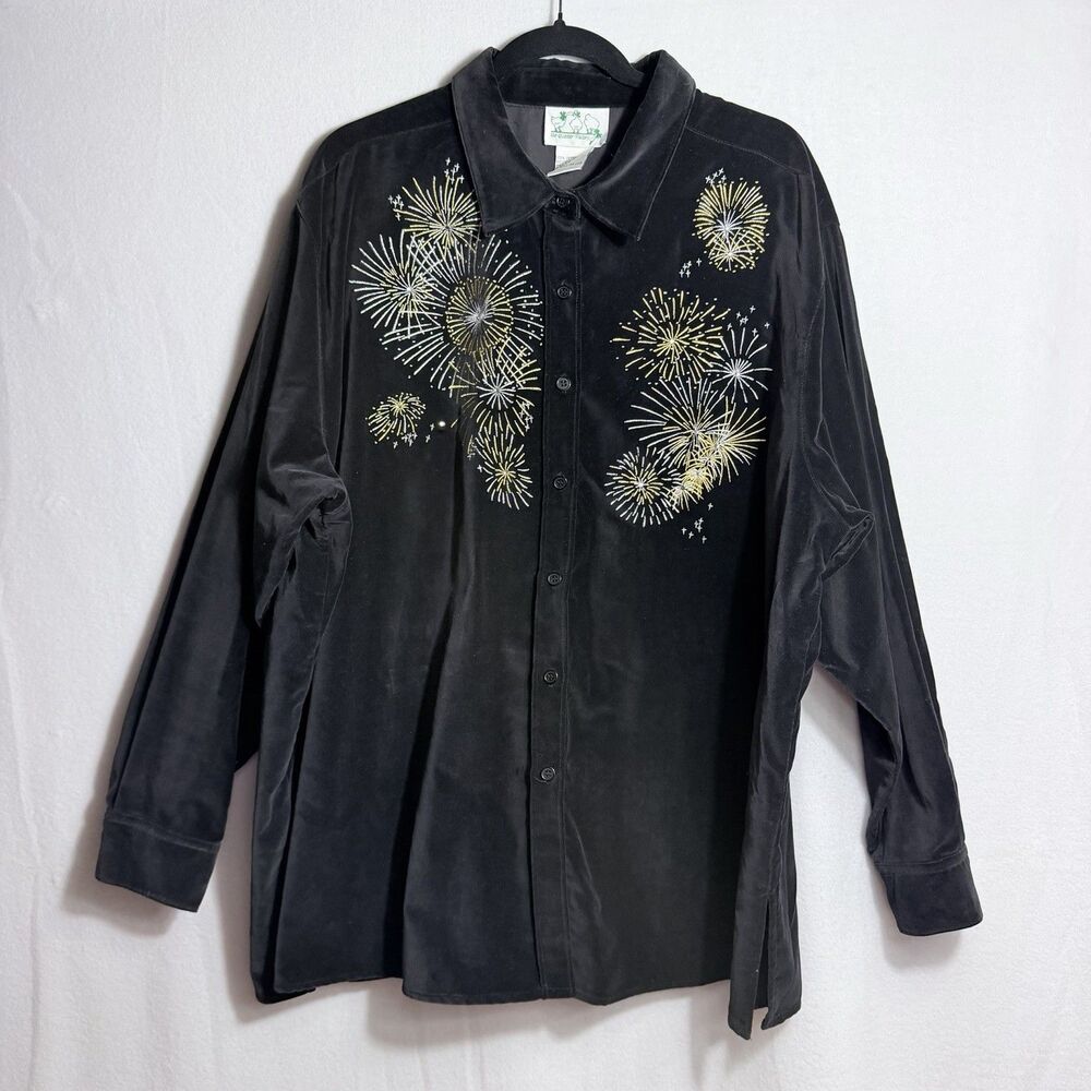 Quacker Factory Black Velour Embroidered Long Sleeve Button Up Blouse Top 2X